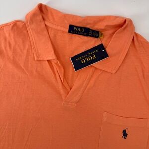 Polo Ralph Lauren Polo Shirt Men 4LT Orange Cotton Linen V-Neck Pocket 9675